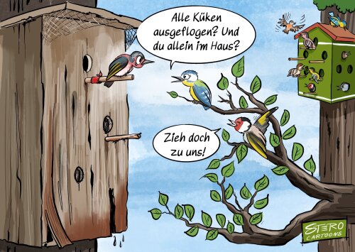 Flächensparoffensive - Umsetzung in Unterfranken - Cartoon Nistkasten